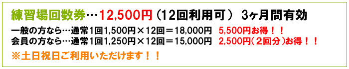 練習場回数券…12,500円(12回利用可)